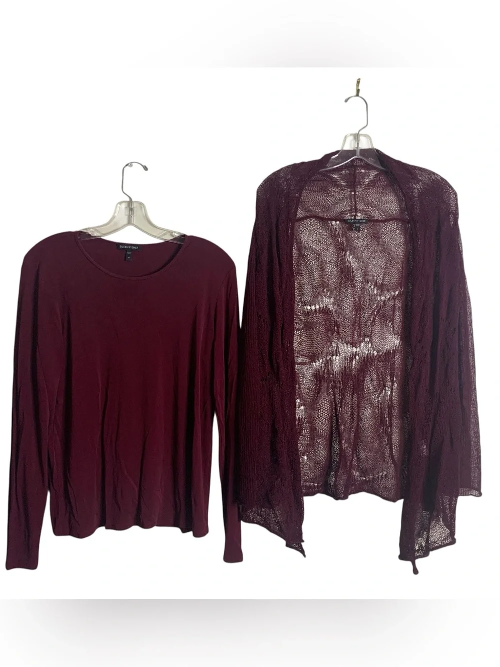 Eileen Fisher 2-Pc Twin Set Silk Top w/ Lace Cardigan Burgundy M/L